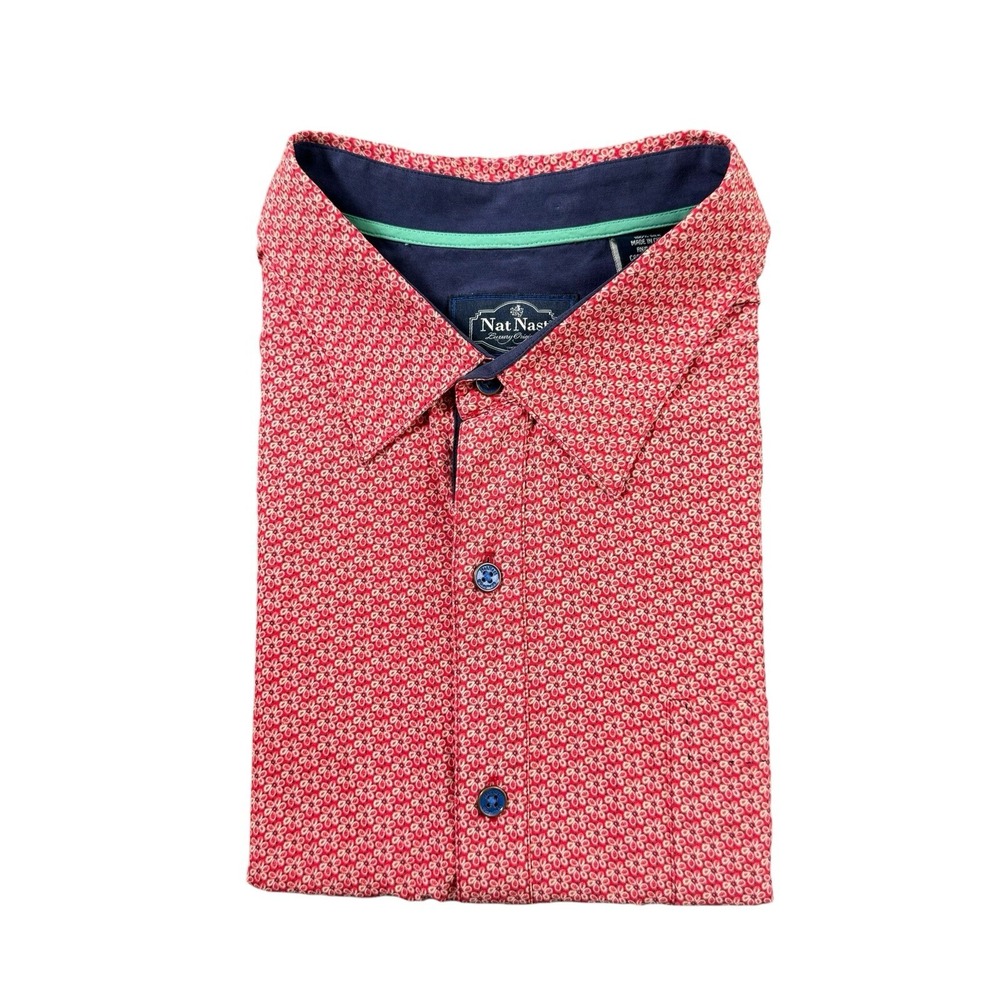 Nat Nast Red Orange Floral Print Silk Short Sleeve Button Front Shirt Mens XL
